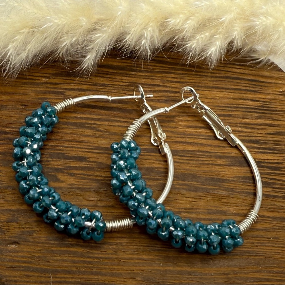 Silver and Teal Crystal Beaded Hoop Earrings